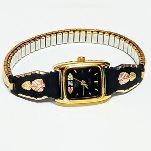 Ladies Black Hills Gold Diamond Watch Black Tips Rose/Yellow Gold Leaves Stretch